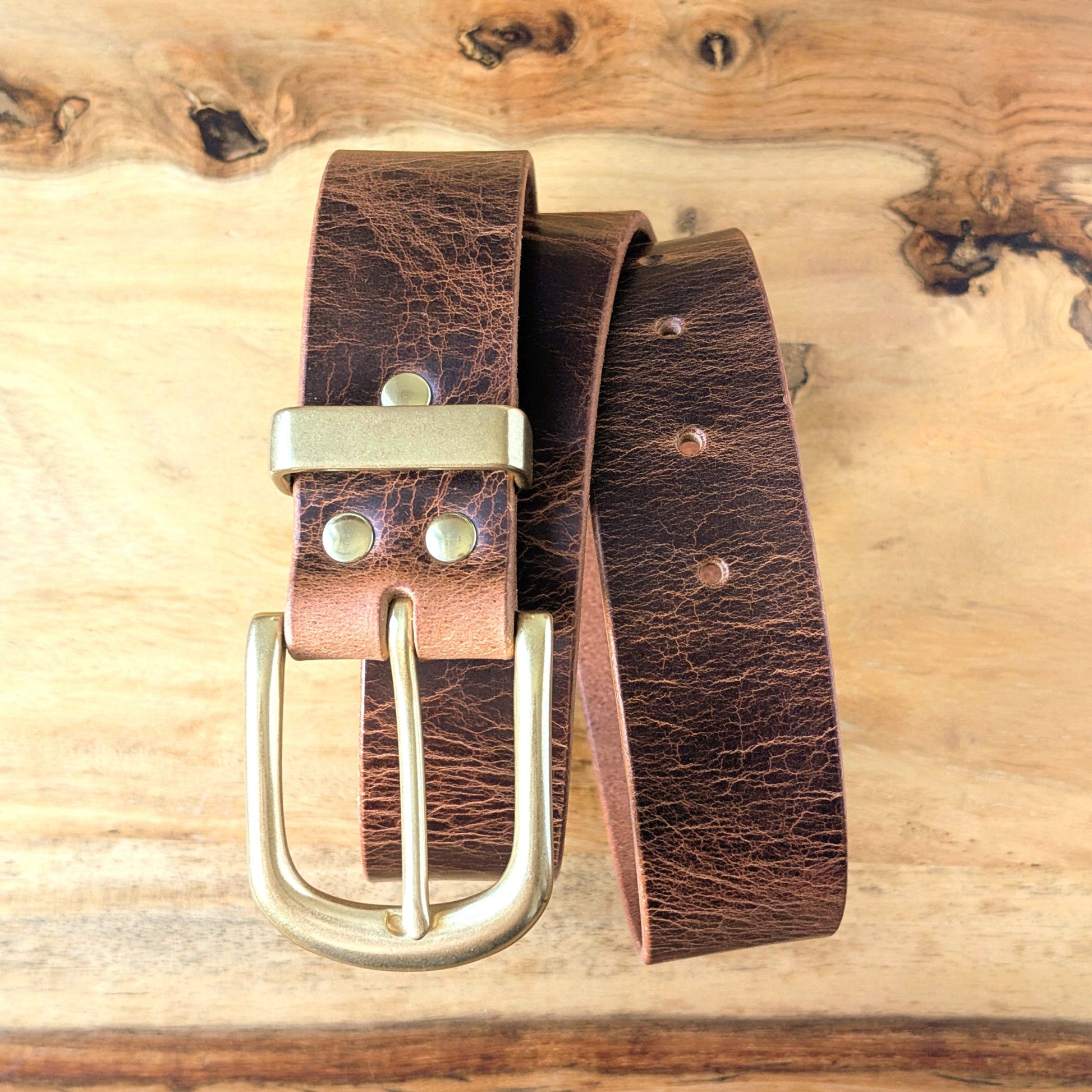 JK Leather Belts full-grain buffalo leather jeans belt in safari tan with solid cast brass buckle.