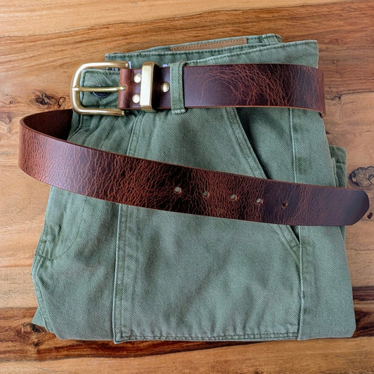 JK Leather Belts full-grain buffalo leather jeans belt in safari tan with solid cast brass buckle.